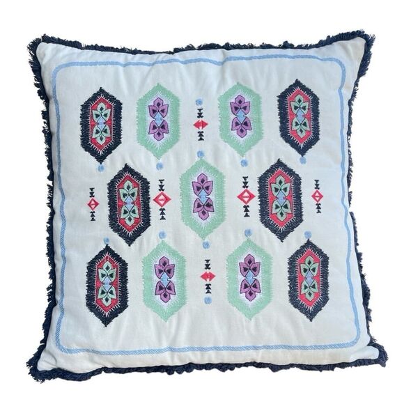Vera Bradley Accent Throw Pillow Embroidered 17x17 Square Fringe - Picture 1 of 4